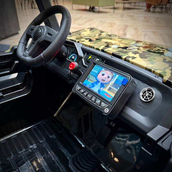 TOUCH TV CLASH 24V ADJUSTABLE SEAT PARENTAL REMOTE RUBBER TIRES 4X4 LETHER SEAT 5 POINT SEAT BELT FAN Code : $100 pickup
