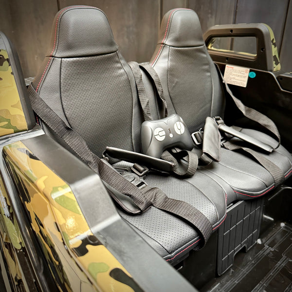 TOUCH TV CLASH 24V ADJUSTABLE SEAT PARENTAL REMOTE RUBBER TIRES 4X4 LETHER SEAT 5 POINT SEAT BELT FAN Code : $100 pickup