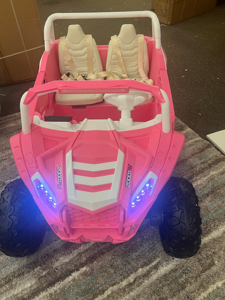 A Free Shipping Touch TV Monster UTV  Ages 1-10 24V Upgraded 14AH Rubber Tires, Razor , Giant Buggy , Leather Seats off road Pink Pick Up & Save Barbie pink