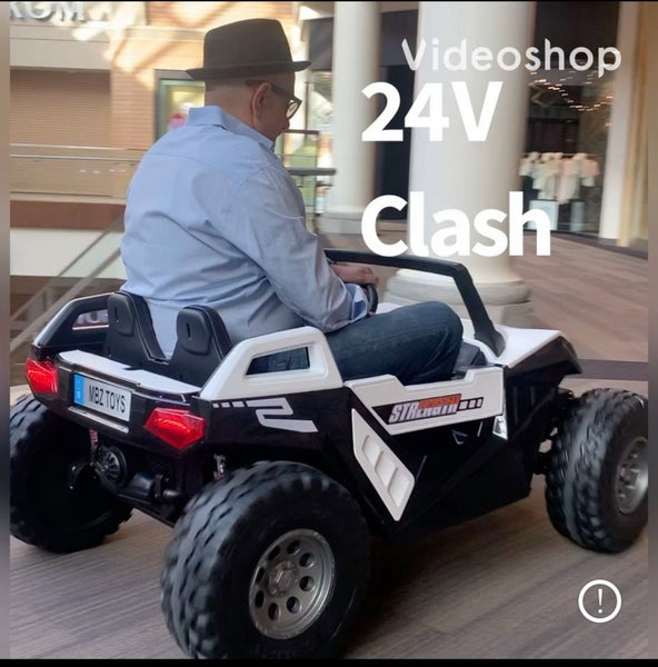 TOUCH TV CLASH 24V ADJUSTABLE SEAT PARENTAL REMOTE RUBBER TIRES 4X4 LETHER SEAT 5 POINT SEAT BELT FAN Code : $100 pickup