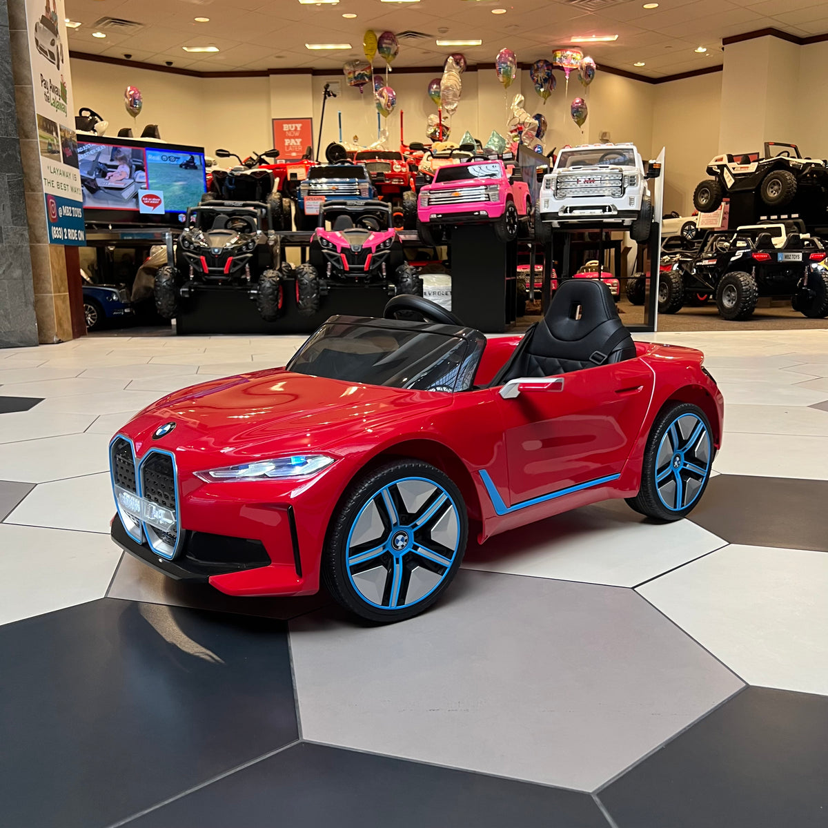 LICENSED BMW WITH PARENTAL REMOTE RUBBER TIRES CUSTOM LEATHER SEAT BLU MBZ