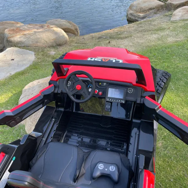 🎁 💯 Free Shipping  TOUCH SCREEN BLUETOOTH 24V CLASH BUGGY RIDE ON GIANT UTV TOY ADJUSTABLE SEAT PARENTAL REMOTE RUBBER TIRES 4X4 LETHER SEAT 5 POINT SEAT BELT FAN RED Store pick up available