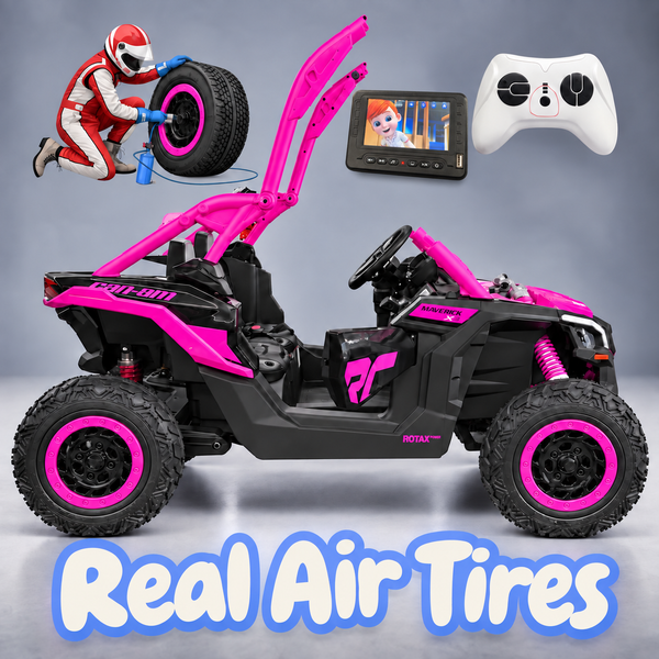 NEW CAN-AM MAVERICK AIR TIRE 🛞 PRE ORDER Touch Screen TV 48V 2 Seater Ride on Mp4 UTV, Licensed Can-Am Electric Off-Road Car, 4WD Kids Truck Parental Remote Control, 2 x 24V Batteries, 2 Seater - Hot Pink