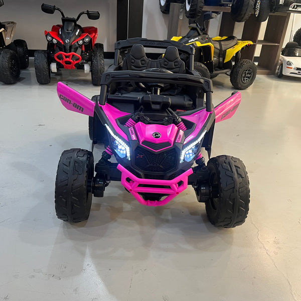 A 24V Licensed Can am ride on toy car Touch TV UTV 4 x 4 Rubber Tires Leather Seat Hot Pink