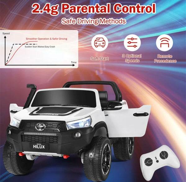 24V BIG SCREEN TOUCH  TV LICENSED  2 SEAT TOYOTA  HILLUX TRUCk, 4 MOTORS RUBBER TIRES PARENTAL REMOTE OVER-RIDE WHITE