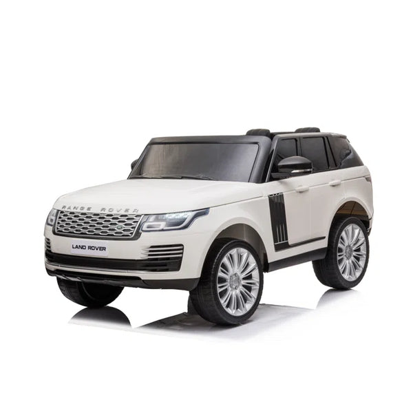24V TOUCH  TV LICENSED  2 SEAT RANGE ROVER PARENTAL REMOTE 4 MOTORS LEATHER SEAT RUBBER TIRES BLUETOOTH WHITE