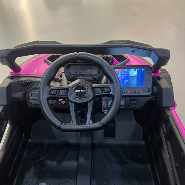 A 24V Licensed Can am ride on toy car Touch TV UTV 4 x 4 Rubber Tires Leather Seat Hot Pink