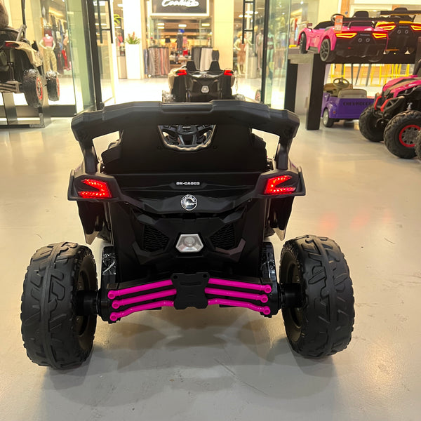 A 24V Licensed Can am ride on toy car Touch TV UTV 4 x 4 Rubber Tires Leather Seat Hot Pink