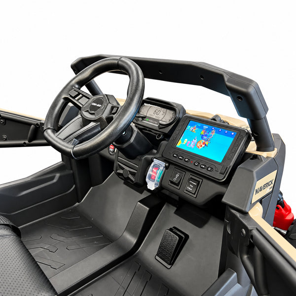 24V Licensed Can am ride on toy car Touch TV UTV 4 x 4 Rubber Tires Leather Seat Black / Tan
