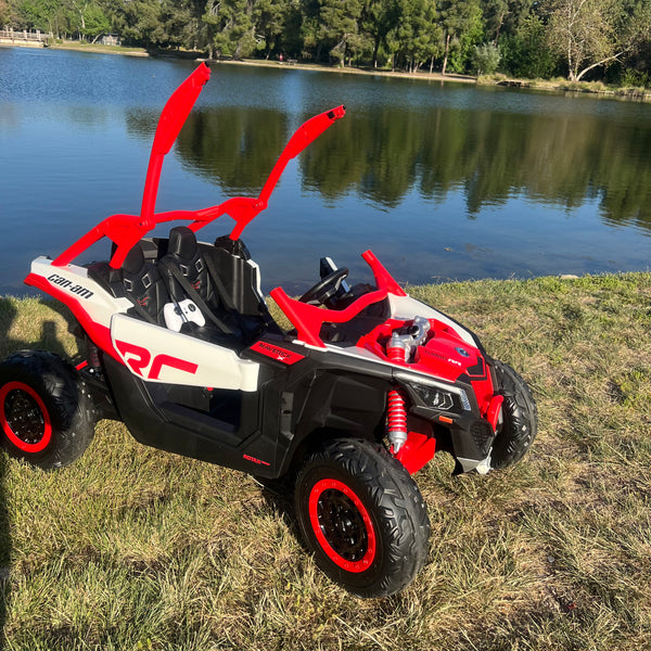 IN STOCK FREE ATV COVER  TOUCH SCREEN TV 48V  CAN - AM LICENSED RIDE ON CAN AM GIANT UTV TOY 2x 24v BATTERIES PARENTAL REMOTE RUBBER TIRES 4X4 LETHER SEAT 3 POINT SEAT BELT - RED RS LIMITED INVENTORY