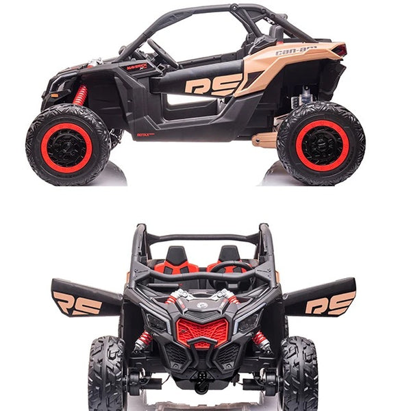 IN STOCK FREE ATV COVER  TOUCH SCREEN TV 48V  CAN - AM LICENSED RIDE ON CAN AM GIANT UTV TOY 2x 24v BATTERIES PARENTAL REMOTE RUBBER TIRES 4X4 LETHER SEAT 3 POINT SEAT BELT - BLACK/ TAN LIMITED INVENTORY
