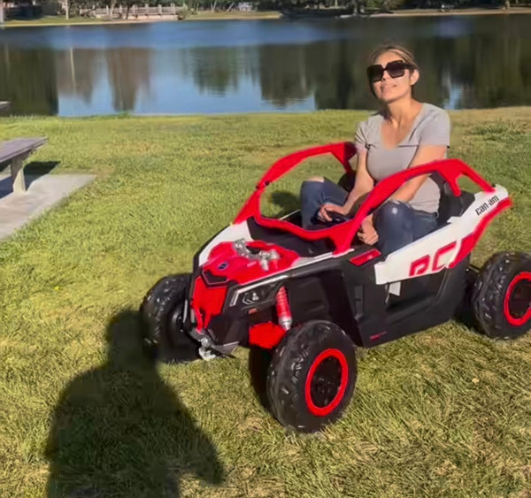 IN STOCK FREE ATV COVER  TOUCH SCREEN TV 48V  CAN - AM LICENSED RIDE ON CAN AM GIANT UTV TOY 2x 24v BATTERIES PARENTAL REMOTE RUBBER TIRES 4X4 LETHER SEAT 3 POINT SEAT BELT - RED RS LIMITED INVENTORY